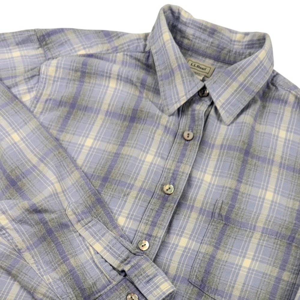 LL Bean Womens Blue Purple Plaid Cotton Flannel Button Down Shirt Large 0WJ26